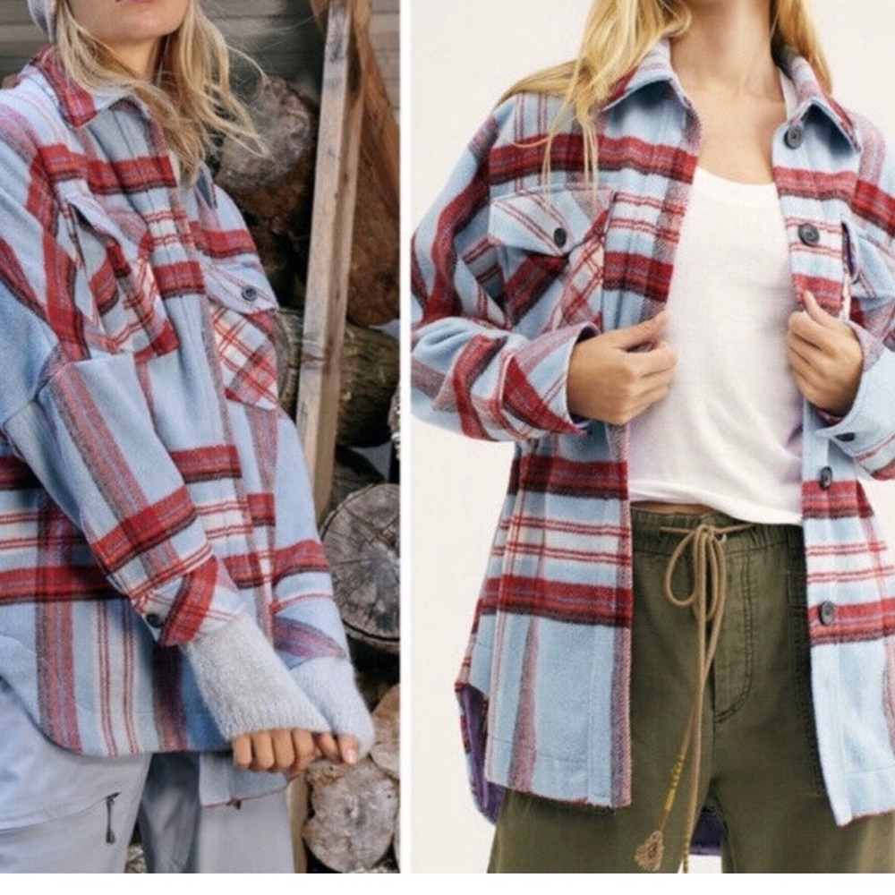 Free People We The Free Plaid Shacket Blue Red Oversized Flannel Jacket XL